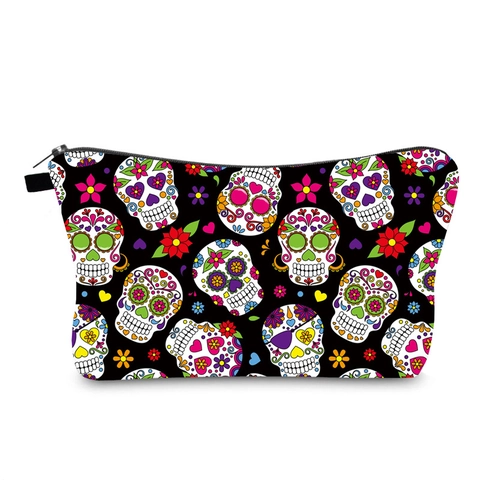 Makeup Bag Waterproof Polyester Zipper Travel Toiletry Organizer Sugar Skull Mexican Day Of The Dead Style For Women