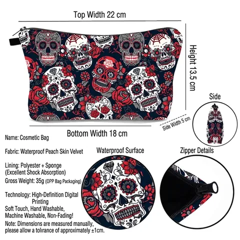 Waterproof Polyester Cosmetic Bag Sugar Skull Rose Digital Print Travel Toiletry Makeup Pouch Organizer For Women