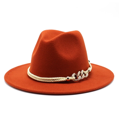 Vintage Wollfilzhut Fedora Herren Damen Breitkrempiger Jazzhut Mit Metallkette Geflochtenem Seil Herbst Winter Eleganter Hut
