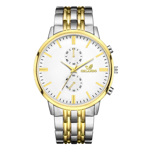 Quartz Watch Men Business Fashion Two-Tone Alloy Case Stainless Steel Strap Round Big Dial Analog Wristwatch Luxury
