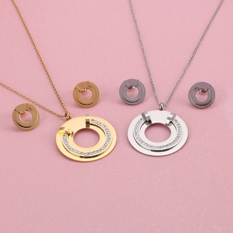 Joyas De Moda De Acero Inoxidable Para Mujer Collar Con Colgante Redondo Hueco Y Pendientes Con Diamantes De Imitación Estilo Elegante