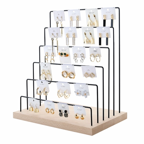 Tiered Earring Holder Organizer Stand Wood Base Metal Iron Rack Jewelry Display For Earrings Necklaces Home Desktop