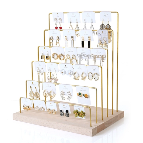Tiered Earring Holder Organizer Stand Wood Base Metal Iron Rack Jewelry Display For Earrings Necklaces Home Desktop