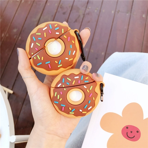 Custodia Per Auricolari Senza Fili Marrone A Forma Di Ciambella In Silicone Con Gancio Stile Dolce