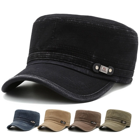 Militaire Pet Cadet Cap Platte Bovenkant Gewassen Stof Verstelbaar Zonbescherming Casual Vintage Stijl Voor Heren Dames