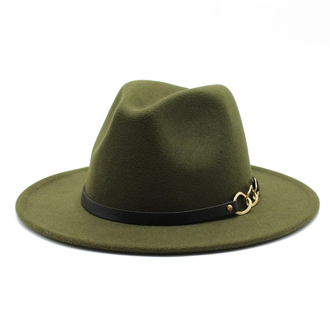 Wide Brim Fedora Hat Wool Felt Vintage Jazz Cap With Belt Gold Chain Buckle For Men Women Elegant Western Style