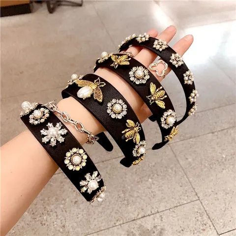 Barock Breit Stirnband Mit Legierung Biene Strass Und Kunstperle Retro Satin Haarband Für Damen