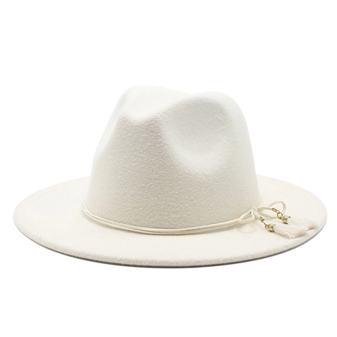 Brede Rand Fedora Hoed Wollen Vilt Retro Jazz Cap Etnische Stijl Wit Touw Dubbele Kwastjes Voor Mannen Vrouwen Elegant