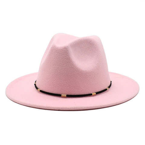 Chapeau Fedora Feutre Laine Bord Plat Style Rétro Avec Bande Noire Et Cylindres Métal Doré Pour Hommes Femmes