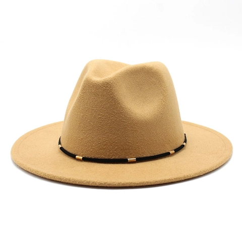 Chapeau Fedora Feutre Laine Bord Plat Style Rétro Avec Bande Noire Et Cylindres Métal Doré Pour Hommes Femmes