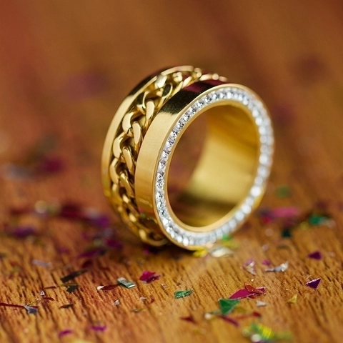 Ketten Glieder Breiter Ring Edelstahl Vergoldet Seitliche Strass Einlage Mode Hip Hop Schmuck Für Damen Herren