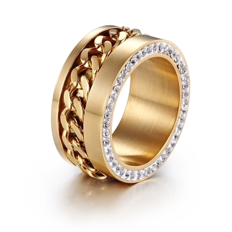Luxury Stainless Steel Zirconia Ring For Men Women 18K Gold Plated Chain Design Wide Surface Luxurious Fashion Finger Ring