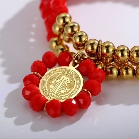 Mehrlagiges Perlenarmband Edelstahl Glasperlen San Benito Medaille Anhänger Retro Mode Schmuck Für Damen