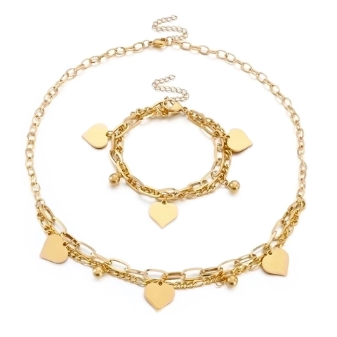 Double Layered Necklace And Bracelet Jewelry With Heart Pendant Stainless Steel Simple Ins Style Women Fashion Accessories