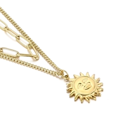 Double Layered Stainless Steel Necklace With Sunface Pendant Paperclip Curb Chain Retro Fashion Jewelry For Women