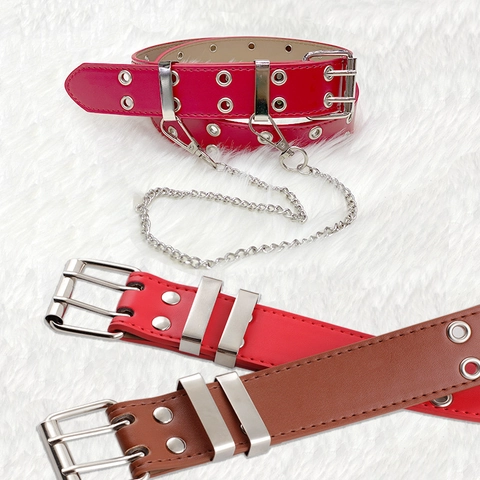 Double Row Grommet Belt PU Leather With Detachable Metal Chain Punk Rock Hip Hop Style Waistband For Jeans
