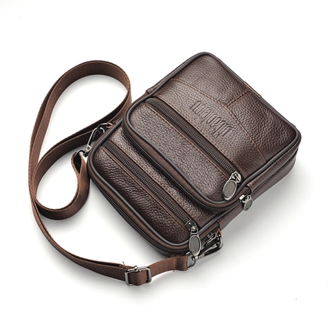 Men Genuine Leather Crossbody Bag Multi Pocket Waist Belt Pouch Top Layer Cowhide Litchi Texture Shoulder Handbag