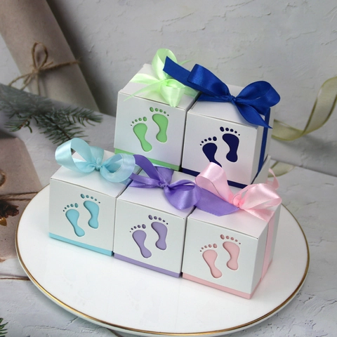 Baby Footprint Hollow Out Favor Box Paper Candy Gift Boxes With Ribbon For Baby Shower Party Decoration