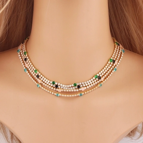 Zircon Round Tennis Necklace Copper Gold Plated Elegant Minimalist Geometric Colorful Jewelry Women Adjustable