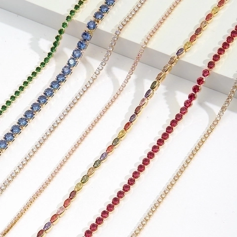 Colorful Zircon Tennis Necklace And Bracelet For Women Copper 18K Gold Plated Adjustable Sliding Chain Retro Elegant Jewelry