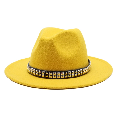 Wide Brim Wool Felt Fedora Hat With Double Row Square Rivet Studded Leather Band Punk Style Jazz Hat For Men Women