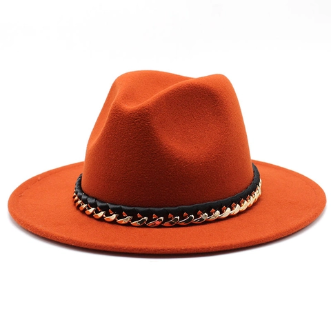 Wide Brim Woolen Felt Fedora Hat Vintage Jazz Cap With Chain Leather Band For Men Women Fashion Outdoor