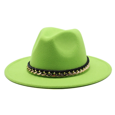 Wide Brim Woolen Felt Fedora Hat Vintage Jazz Cap With Chain Leather Band For Men Women Fashion Outdoor