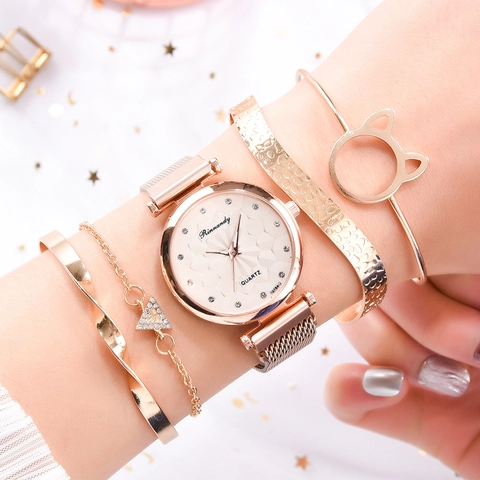 Women Fashion Quartz Watch Bracelet Set Rose Gold Magnetic Milanese Mesh Strap Floral Dial Rhinestone Jewelry Set For Ladies
