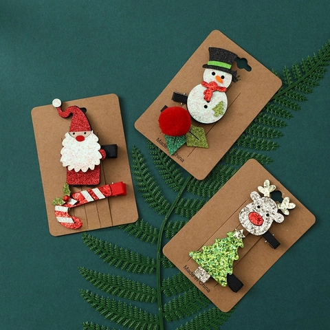 Pinzas Para El Pelo Navidad Purpurina Fieltro Dibujos Animados Papá Noel Muñeco De Nieve Reno Horquillas Fiesta Niños Niñas