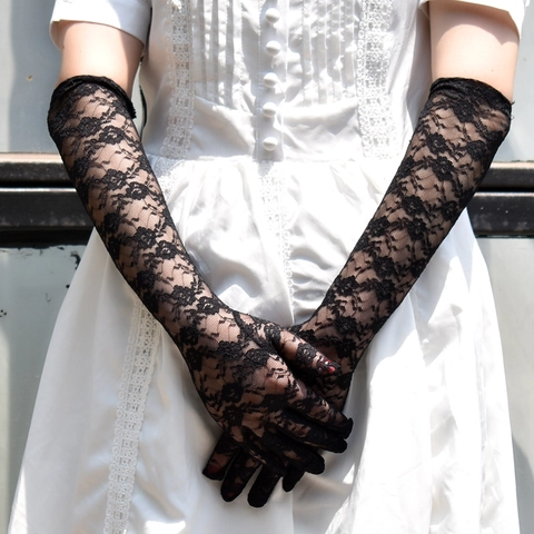 Gants Longs En Dentelle Élégant Jacquard Floral Respirant Protection Solaire Mariage Soirée Style Rétro Femmes Doigts Complets