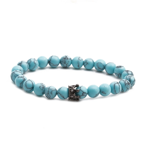 Blue Turquoise Beaded Bracelet With Black Copper Alloy Crown Charm And Zirconia Punk Fashion Retro Jewelry