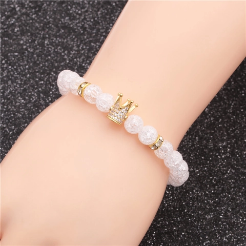 Crackle Glass Beaded Bracelet With Rhinestone Crown Charm Alloy Spacers Fashion Jewelry For Men Women