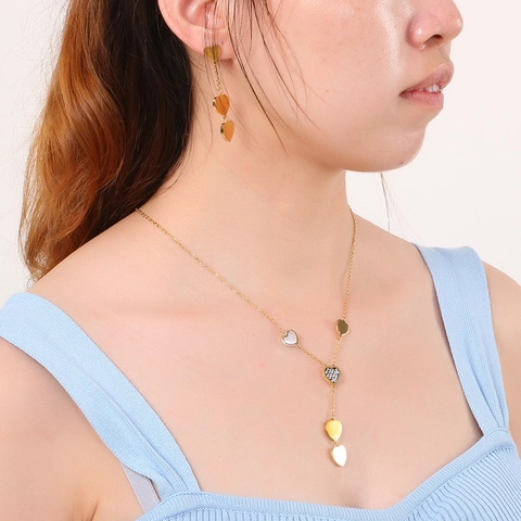 Collar En Y Con Colgante De Corazón Y Pendientes Colgantes Acero Inoxidable Nácar Diamantes De Imitación Para Mujer