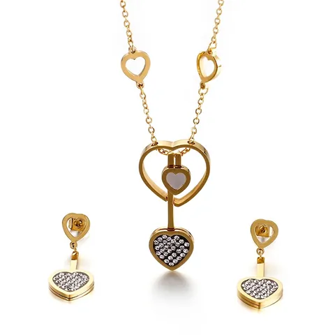 Set Gioielli Cuore Collana E Orecchini Acciaio Inossidabile Zirconia Madreperla Elegante Moda Donna