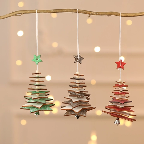 Christmas Tree Hanging Ornaments Wooden Snowflake Star Layered Decorative Pendant With Bell For Festive Holiday Home Decor