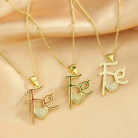 Collar Con Colgante De Corazón Y Letra Fé Bañado En Oro De 18K Cobre Micro Pavé Circón Esmalte Cadena Satélite De Cuentas Para Mujer