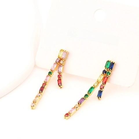 Colorful Baguette Zircon Tassel Dangle Earrings With Gold Plated Brass And Silver Earring Post Long Linear Drop Women