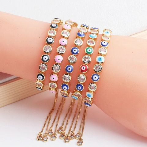 Evil Eye Bracelet Colorful Enamel Cubic Zirconia Copper Gold Plated Adjustable Slider Clasp Amulet Jewelry For Women