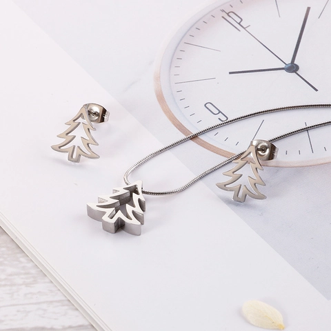 Set Di Gioielli In Acciaio Inossidabile Collana E Orecchini Albero Di Natale Mano Di Hamsa Moda Per Donne