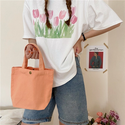 Mini Canvas Handbag Small Cotton Tote Portable Solid Color Lunch Bag With Metal Button Casual Commute For Women