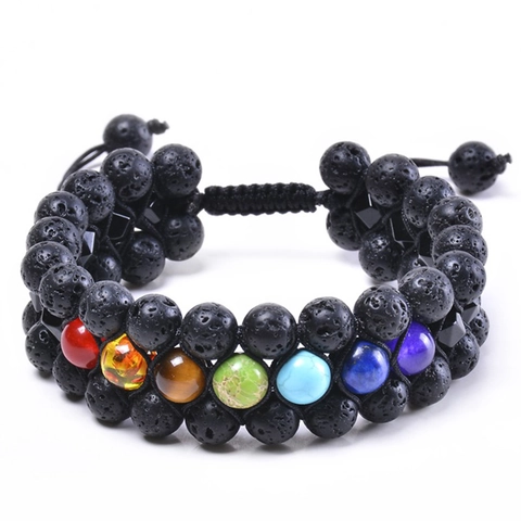 Mehrlagiges Lavastein Tigerauge Armband Naturstein Heilung Energie Chakra Verstellbares Geflochtenes Seil Schmuck