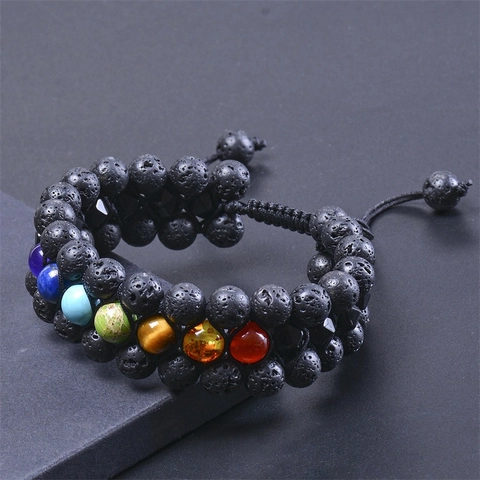 Mehrlagiges Lavastein Tigerauge Armband Naturstein Heilung Energie Chakra Verstellbares Geflochtenes Seil Schmuck