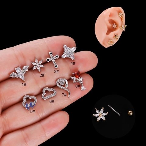 Ear Cartilage Stud Helix Piercing Jewelry Stainless Steel Screw Back Zircon Inlaid Copper Flower Heart Star Designs