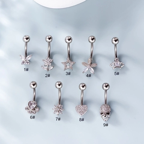 Zircon Inlaid Belly Button Ring With Stainless Steel Bar Copper Piercing Jewelry For Women Butterfly Flower Shape