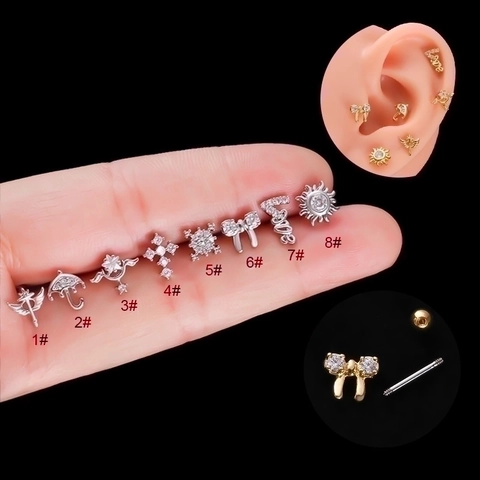 Stainless Steel Ear Cartilage Studs Kupfer Zirkon Schleife Stern Herz Piercing Ohrringe Schraubverschluss Schmuck Für Frauen