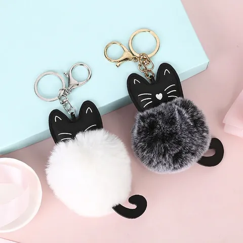Süße Katze Kunstfellball Schlüsselanhänger Plüsch Bommel Taschenanhänger Kunstleder Metallring Cartoon Accessoire