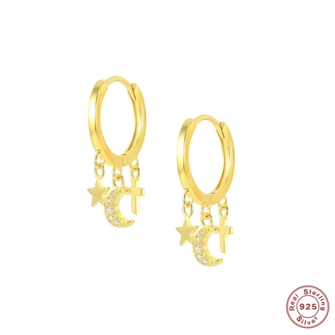 Stern Mond Kreuz Hoop Ohrringe 925 Sterlingsilber Zirkonia Zierliche Hängeohrringe Schmuck Für Frauen Mädchen Elegant