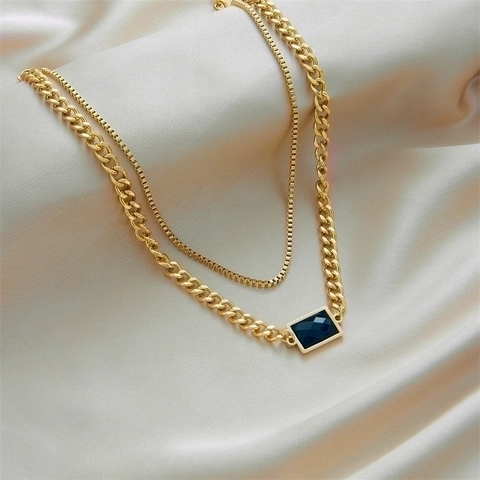 Layered Necklace Stainless Steel Black Rectangular Zircon Pendant Gold Plated Retro Luxury Jewelry For Women