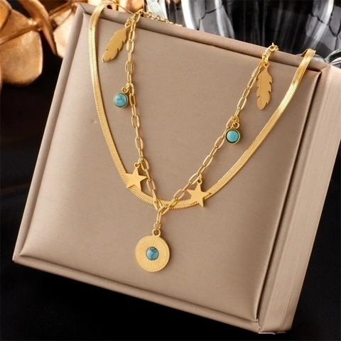 Double Layer Necklace Stainless Steel 18K Gold Plated Turquoise Star Feather Sun Pendant Bohemian Retro Jewelry For Women