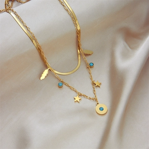 Double Layer Necklace Stainless Steel 18K Gold Plated Turquoise Star Feather Sun Pendant Bohemian Retro Jewelry For Women